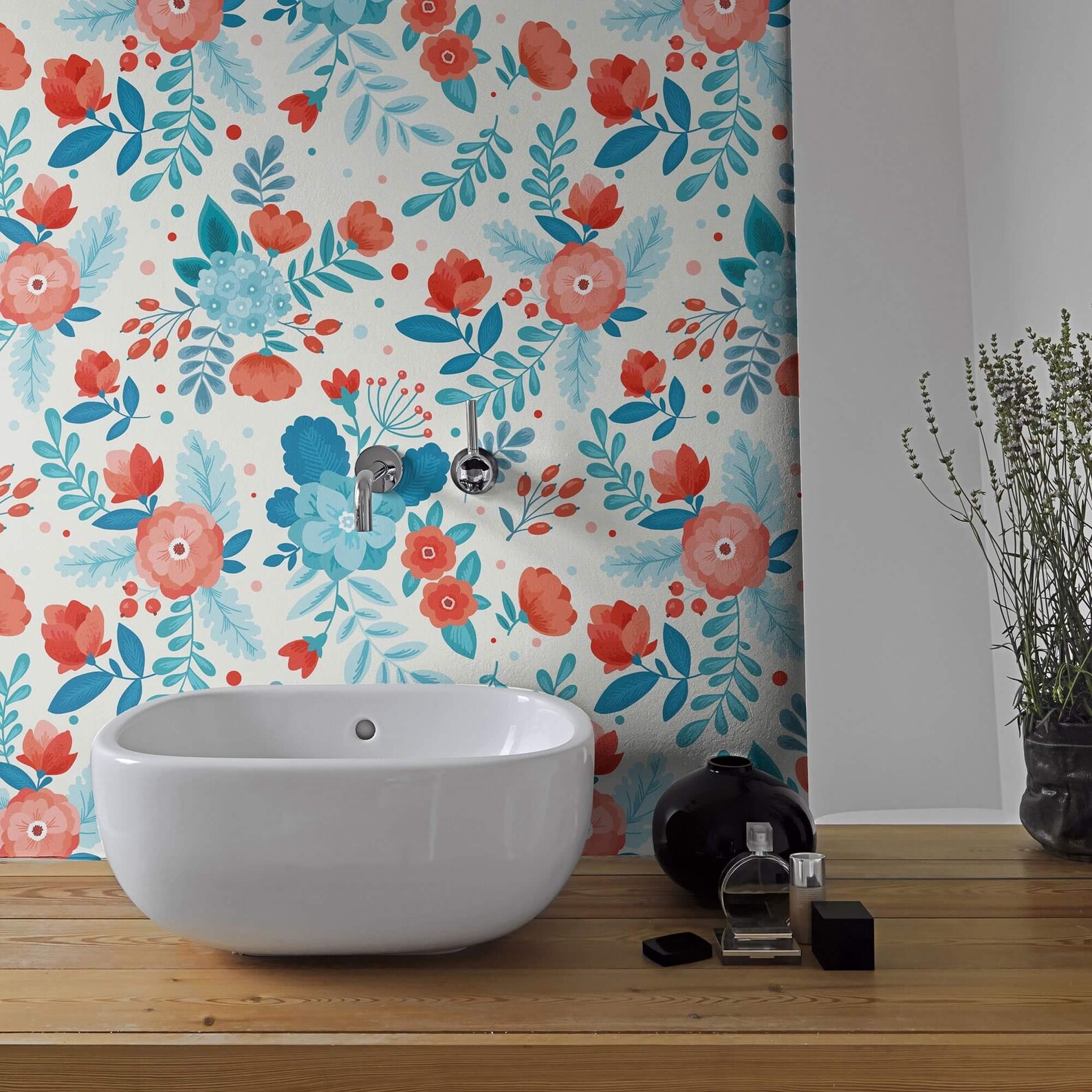 Blue and Orange Floral Peel and Stick Removable Wallpaper 9824 | Etsy