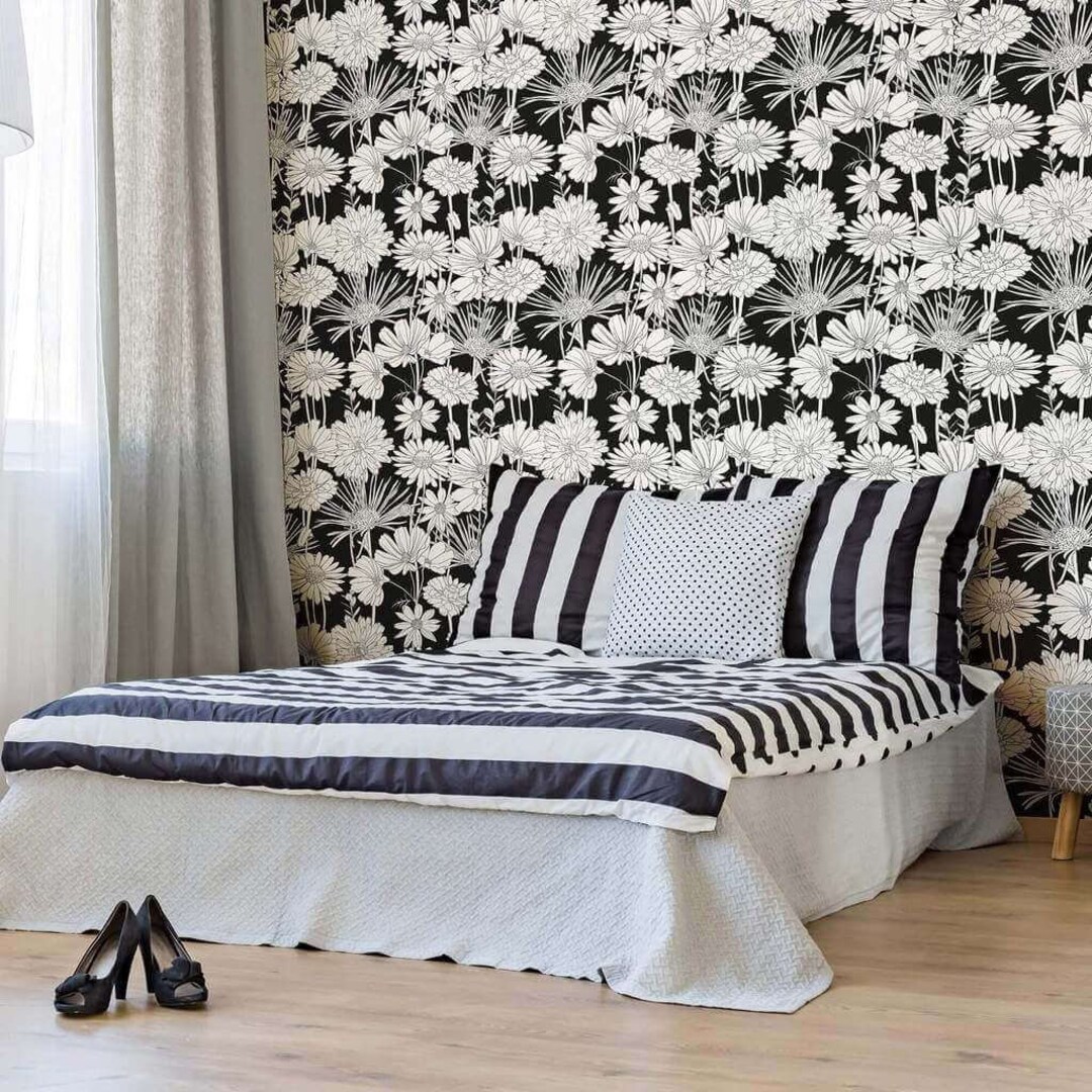 White and Black Hand Drawn Floral Peel and Stick Removable Wallpaper ...