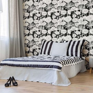 White and Black Hand Drawn Floral Peel and Stick Removable Wallpaper 5539