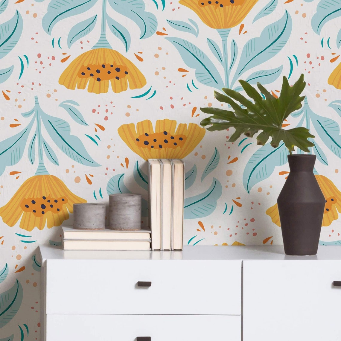 Yellow Botanical Floral Peel and Stick Removable Wallpaper | Etsy