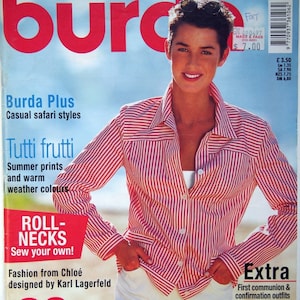 Puede incluir: Una portada de revista con una persona con una camisa a rayas rojas y blancas y pantalones blancos. La revista se titula "Burda". El texto de la portada incluye "Casual safari styles" y "60 styles to sew at home".