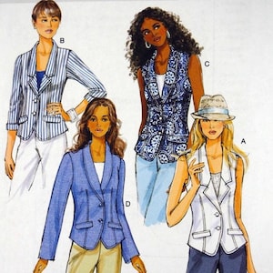 Puede incluir: Patrón de costura Butterick B5647 con ilustraciones de blazers y chalecos de mujer. El patrón incluye un blazer a rayas, un chaleco con estampado azul, un blazer azul y un chaleco blanco. La talla del patrón es B5 (8-10-12-14-16).