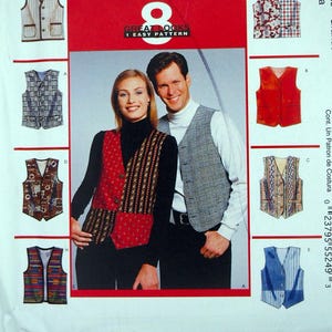 May include: A McCall's M6228 sewing pattern envelope for a vest in size Large (38-40). The front displays eight variations of the vest featuring different patterns, colors, and fabrics, including plaid, floral, striped, and solid red designs.