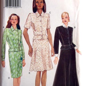 May include: Vogue Patterns sewing pattern showing three women's outfits. The designs include a green floral suit, a cream-coloured skirt suit, and a black skirt suit. The pattern size is 8-10-12.