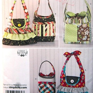Simplicity 2169, patchwork shoulder bags with ruffles and bow detail