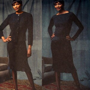 Vogue 2832, jacket with multiple back seams, great for color blocking, flounce-hem skirt, by Donna Karan, petite sizing