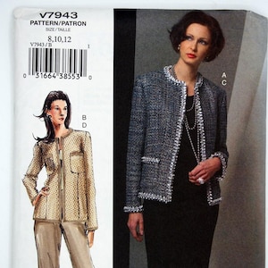 May include: Vogue Woman sewing pattern V7943. The pattern includes illustrations of a jacket and pants suit, and a jacket and dress combination. The pattern size is 8, 10, and 12. The Vogue Woman logo is at the bottom.