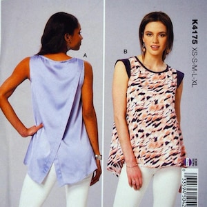 May include: A Kwik Sew sewing pattern showing two sleeveless top designs. One is a light purple satin top with an unusual back. The other top has a pink, black, and white animal print with navy trim. The pattern is for Misses' sizes XS-XL.