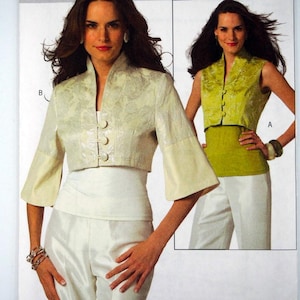 Butterick 4991, cropped jacket with stand collar and lace overlay in sleeveless and elbow sleeve versions, sizes 6-12.