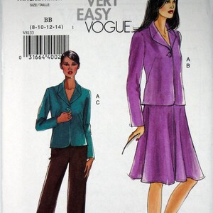 May include: A Very Easy Vogue sewing pattern, V8133, with illustrations of a purple skirt suit and a teal blazer with brown trousers. The pattern includes sizes 8-10-12-14.
