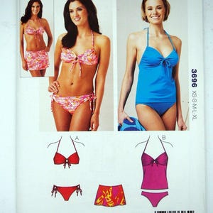 May include: A sewing pattern for Misses' swimwear, featuring various bikini and tankini styles. The pattern includes options for different sizes, indicated as XS-S-M-L-XL. The cover showcases images of the finished garments in vibrant colors and patterns.