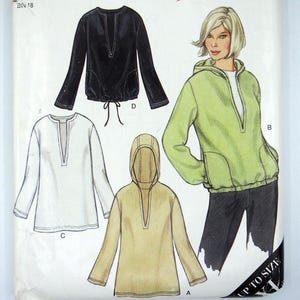 New Look 6108, pullover tops with hood, V-notch neckline, kangaroo pocket and drawstring hem, size XS-XL.