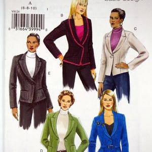 May include: Vogue basic design pattern showing five blazer designs. The blazers are in shades of black, white, green, and blue. The pattern includes the text "V8124" and "basic design".