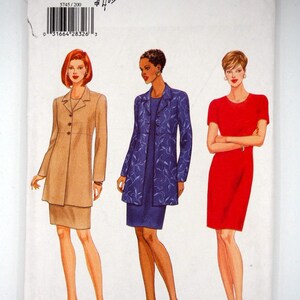 May include: Butterick sewing pattern 5745 Fast & Easy for sizes 20-22-24. The envelope features illustrations of three outfits: a tan jacket and skirt set, a blue jacket with a white leaf pattern over a blue dress, and a solid red short-sleeved dress.