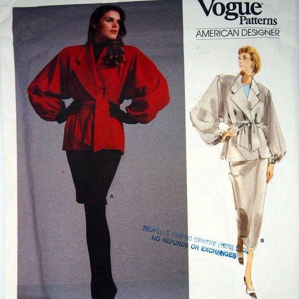 Vogue 1977, oversize wrap jacket with feature sleeves; skirt - by Perry Ellis