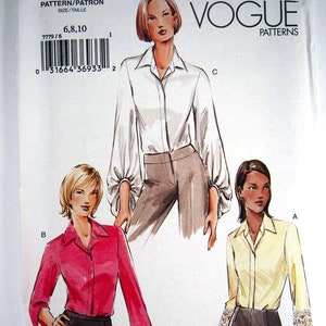 May include: Vogue Patterns sewing pattern for a blouse with three different sleeve styles. The pattern includes instructions for a white blouse with long, gathered sleeves, a pink blouse with 3/4 sleeves, and a yellow blouse with 3/4 sleeves and lace trim.