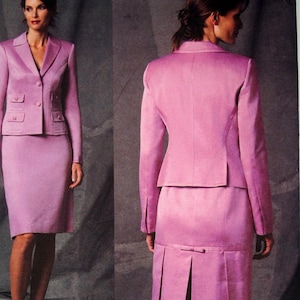 May include: A sewing pattern for a pink suit with a jacket and skirt. The pattern is from DKNY, Vogue American Designer. The pattern number is V2828.