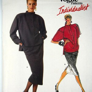 May include: Vogue Patterns Individualist sewing pattern featuring two women's outfits. One outfit is a dark gray skirt suit, and the other is a red top with a black and white patterned skirt. The pattern is by Claude Montana, pattern number 1768.