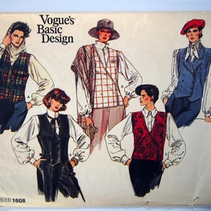 May include: A sewing pattern for four different vests. The pattern is called Vogue's Basic Design and the pattern number is 1608. The vests are shown on four different models. The vests are all different colours and patterns.