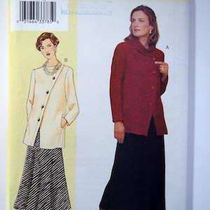 May include: A sewing pattern for a jacket and skirt. The pattern is for sizes A-B-C and is by Sandra Betzina. The jacket is burgundy and the skirt is black. The pattern is on a yellow background with the text "Today's Fit" printed on it.