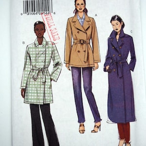 May include: A Very Easy Vogue sewing pattern with illustrations of three trench coats in tan, green and white plaid, and navy blue. The pattern includes the size Y (XSM-SML-MED).