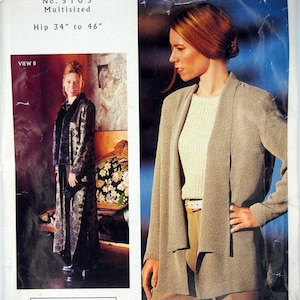 May include: A sewing pattern envelope for a Kimono Jacket, No. 5103, multisized for hips 34 inches to 46 inches. The package features Loes Hinse Design branding and displays two garment variations, View A and View B, showing different jacket styles.