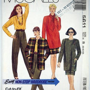 May include: A McCall's 5611 sewing pattern envelope featuring illustrations of four outfits: a yellow long-sleeve top with olive trousers, a plaid jacket with olive trousers, a red long-sleeve tunic with a skirt, and a dark green jacket with a skirt.