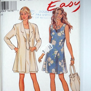 May include: A vintage sewing pattern labelled "NEW LOOK Easy." The pattern shows illustrations of two dresses and a jacket. One dress is blue with a floral print, and the other is a cream-coloured dress with a matching jacket.