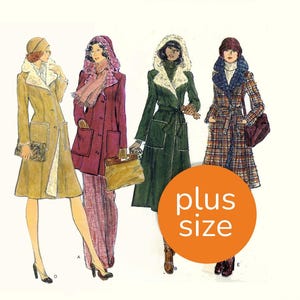 May include: Illustration of four vintage plus size coats in various styles. The coats are in shades of gold, burgundy, green, and plaid. Each coat has unique features like fur trim, hoods, and belts. The image includes the text "plus size" in an orange circle.