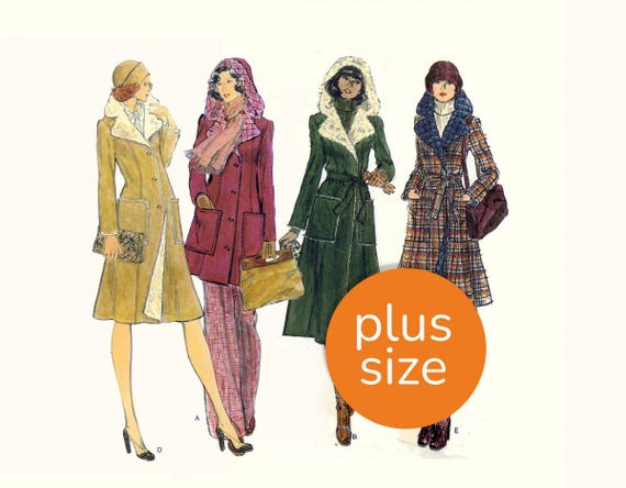 Coat with faux fur or quilted lining, hood, princess seams & patch pockets. Reproduction PDF of a vintage pattern, PLUS SIZE (18-20)