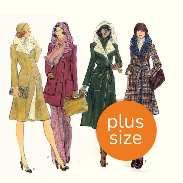 Coat with faux fur or quilted lining, hood, princess seams & patch pockets. Reproduction PDF of a vintage pattern, PLUS SIZE (18-20)