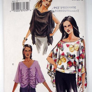 May include: Vogue Patterns sewing pattern V7827. The pattern features illustrations of three different tops. The tops include a black draped top, a butterfly print top, and a lavender ruched top. The pattern size is 12, 14, and 16.