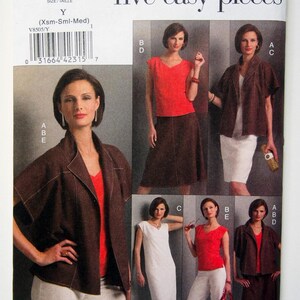 May include: A sewing pattern labelled "five easy pieces" featuring a brown jacket, red top, and white skirt and trousers. The pattern includes a size range of X-small to Medium. The pattern number is V8505.