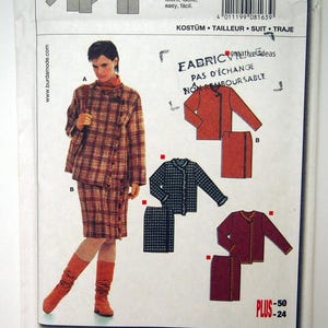 May include: A sewing pattern for a suit with a jacket and skirt. The pattern is for sizes 10-24 and includes seam and hem allowances. The pattern is from Burda style magazine and is labeled 8163.