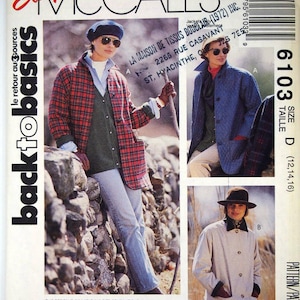May include: A McCall's sewing pattern envelope for jackets, model 6103, size D. The front features three images of jackets: a red plaid jacket, a blue quilted jacket, and a beige jacket. Text includes Easy McCall's, back to basics, and 6103.