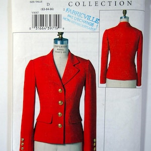 May include: A red blazer sewing pattern by Claire Shaeffer's Custom Couture Collection. The pattern includes a front view and a back view of the blazer. The pattern is size D (12-14-16) and includes gold buttons. The pattern is labeled V8087.