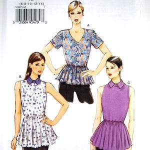 May include: A sewing pattern for three different tops. The first top is a floral print with a V-neck and short sleeves. The second top is a geometric print with a collar and sleeveless. The third top is a solid purple with a collar and sleeveless. The pattern is for sizes 6-8-10-12-14.