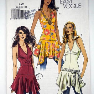May include: A Very Easy Vogue sewing pattern envelope V8247 featuring illustrations of three sleeveless halter-style tops with flared hemlines. The designs include a solid maroon top, a yellow floral print top, and a solid cream top with a waist tie.