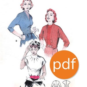 May include: A vintage sewing pattern for a cardigan with three different styles. The pattern includes instructions for a blue cardigan, a red cardigan, and a white blouse. The pattern is labeled "pdf" and includes a diagram of the cardigan.