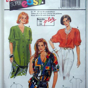 May include: A Burda Super Easy sewing pattern envelope 4297 for plus size tops with bust darts. The cover features illustrations of three variations of a short-sleeved button-down shirt in solid green, solid orange, and a multi-colored abstract print.