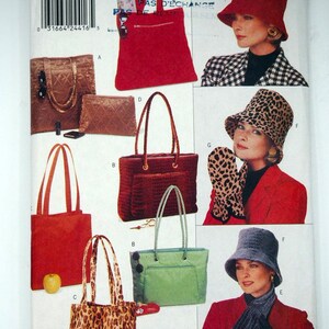 May include: A vintage Butterick sewing pattern, number 4697, featuring various handbag designs and women's hats. The handbags are shown in red, brown, green, and leopard print. The hats are red, leopard print, and blue.