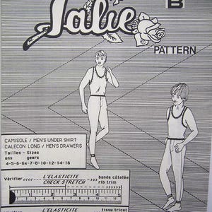 Könnte beinhalten: Ein Jalie 2948 B Schnittmusterumschlag mit schwarz-weißen Strichzeichnungen eines Unterhemds und einer langen Hose. Das Cover enthält Text, Größen von 4 bis 16 Jahren und zwei aufgedruckte 12-cm-Lineale zur Überprüfung der Stoffdehnung.