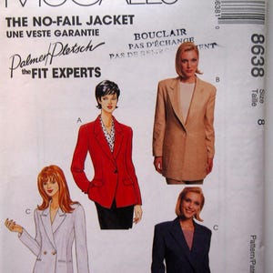 May include: McCall's sewing pattern for a no-fail jacket. The pattern features illustrations of jackets in red, tan, white, and navy blue. The pattern includes the text "Petite-Able" and "The Fit Experts". Size 8.
