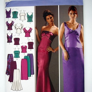May include: Simplicity pattern 4401 for formal dresses, with various top and skirt designs. The image shows finished dresses in purple and burgundy. Size BB 20W-28W, EUR 46-54, FR 48-56. The Simplicity logo is visible at the top.