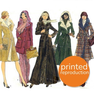 May include: Five vintage illustrations of women wearing different styles of coats. The coats are all long and have fur collars. The women are wearing hats and scarves. The text "printed reproduction" is printed in orange on a white circle.
