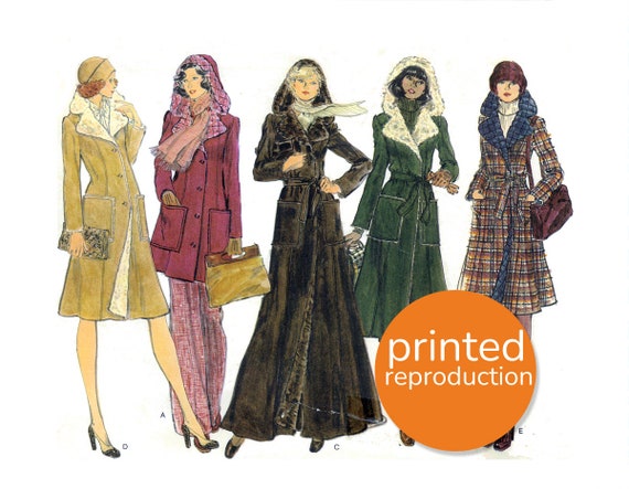 Coat with hood & faux fur lining, wrap or button-up option. Reproduced vintage pattern, professionally printed on translucent paper.