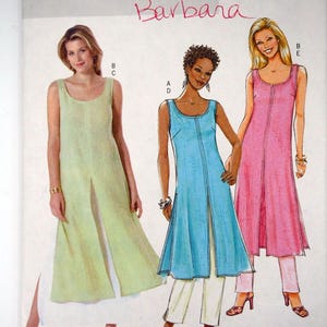May include: A Butterick B4523 sewing pattern envelope featuring illustrations of sleeveless, scoop-neck tunics with a front slit. The designs are shown in light green, bright blue, and pink, paired with white or matching trousers.