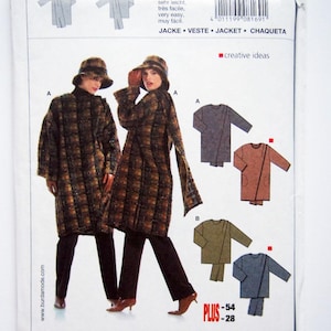 Könnte beinhalten: Ein Schnittmuster für eine Jacke oder einen Mantel mit Karomuster. Das Schnittmuster enthält Anleitungen für die Größen 36/38 bis 52/4. Das Schnittmuster ist mit "Burda Easy" gekennzeichnet und enthält den Text "Alle Schnittmuster mit Naht- und Saumzugaben".