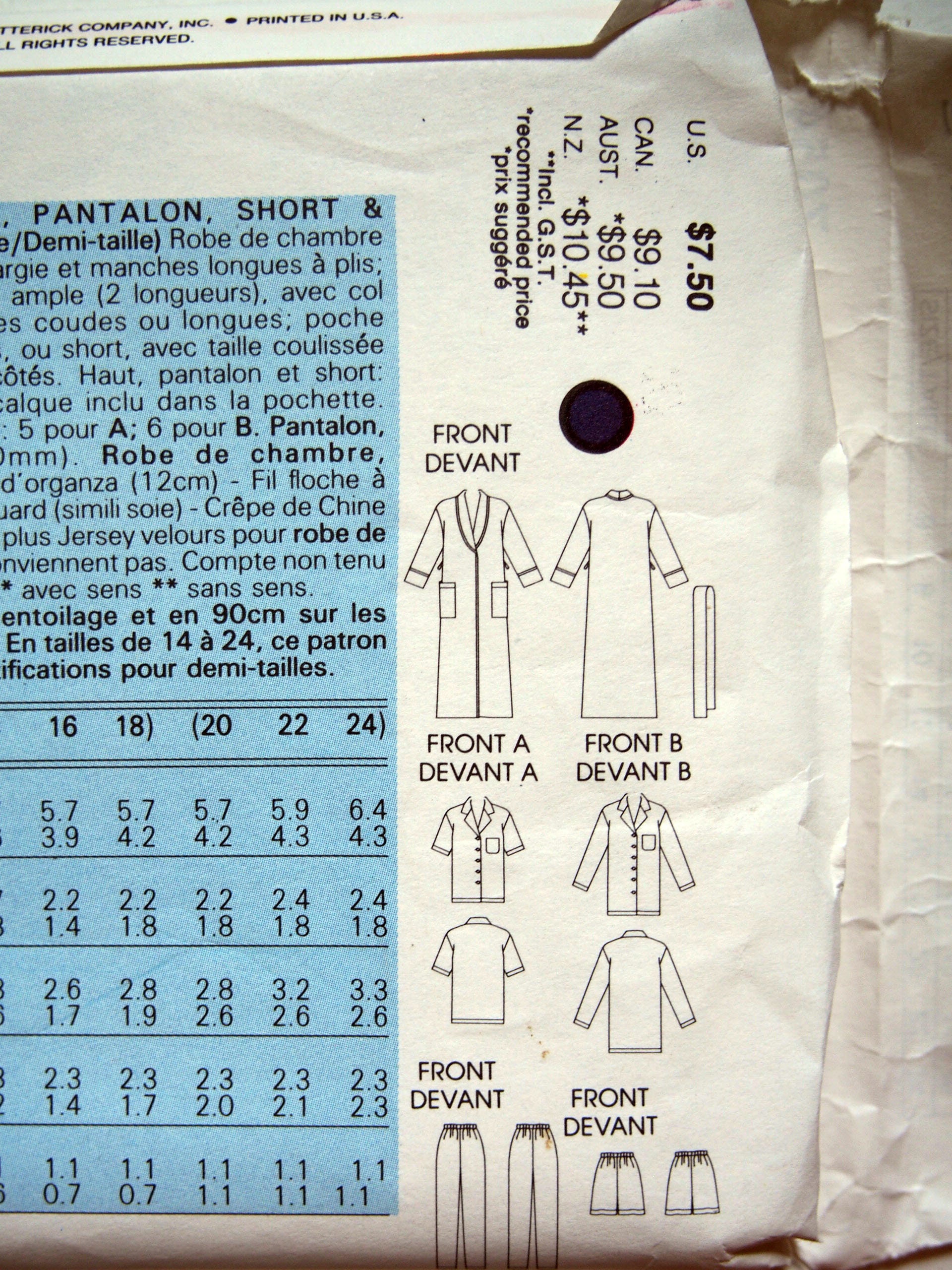 Vogue 7054 - long robe & loose fitting pajamas