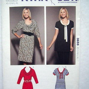 May include: Kwik Sew pattern 3659 for misses' dresses. The pattern includes multiple dress designs, featuring a cowl neck dress, a black dress with white trim, a red dress with a belt, and a striped dress with a bow. Sizes XS-XL.